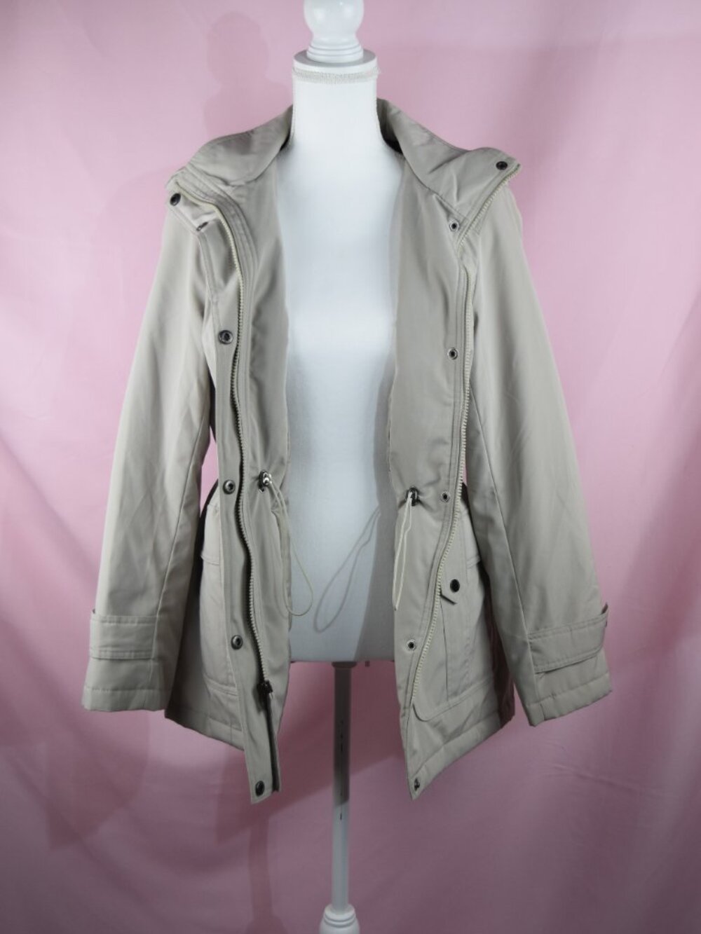 London Fog Beige/Gray Hooded Drawstring Waist Utility Jacket | Size S - Picture 7 of 8